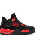 Side of the grade school kids Nike Air Jordan 4 red thunder basketball shoes in black and red