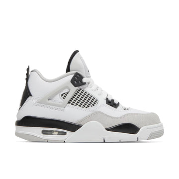 Side of the grade school kids Nike Air Jordan 4 military black basketball shoes in white and black