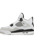 Side of the grade school kids Nike Air Jordan 4 military black basketball shoes in white and black