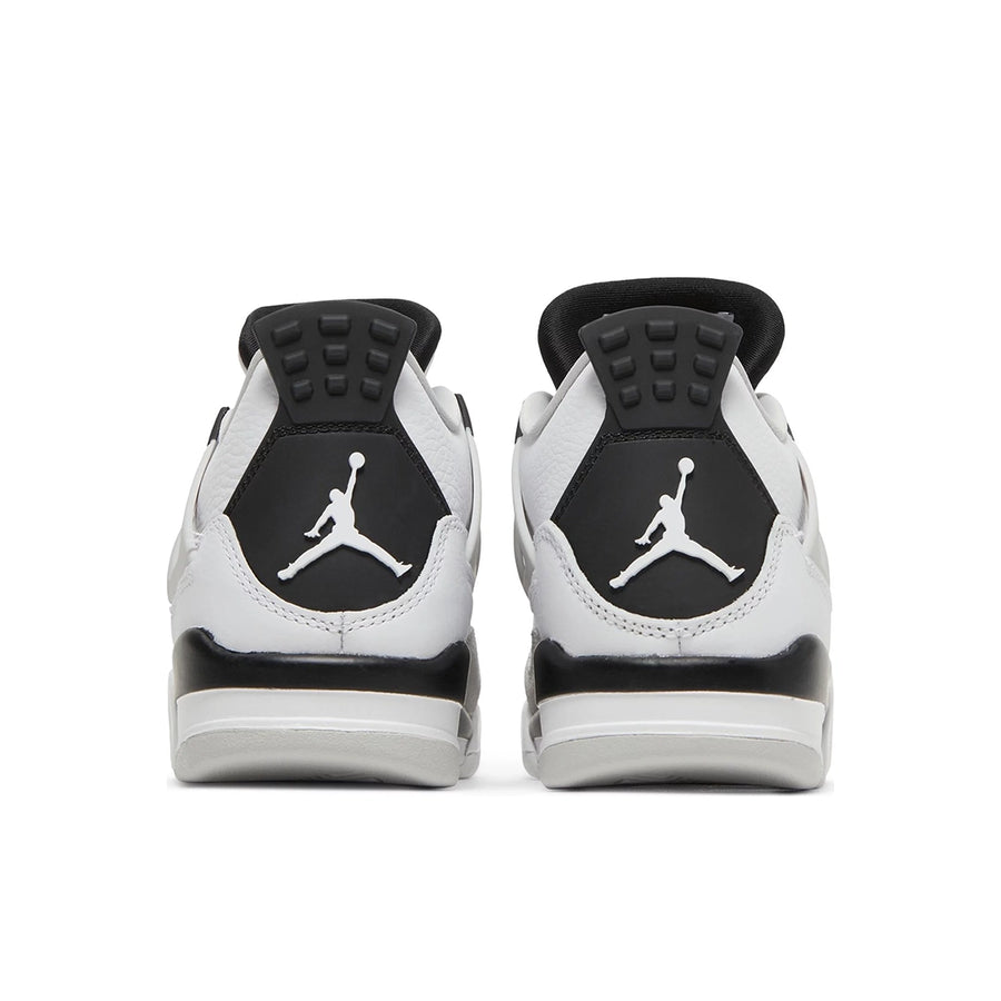 Heels of the grade school kids Nike Air Jordan 4 military black basketball shoes in white and black