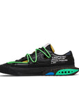 Side of the Nike Blazer Low Off-White Black Electro Green sneaker in black