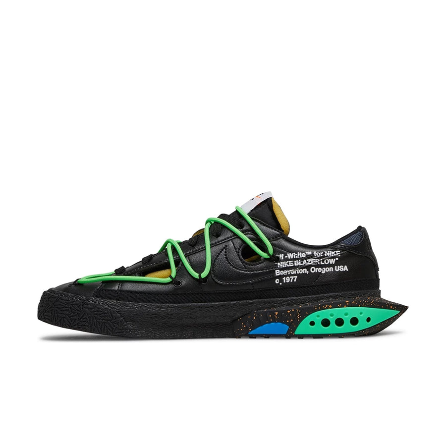 Side of the Nike Blazer Low Off-White Black Electro Green sneaker in black