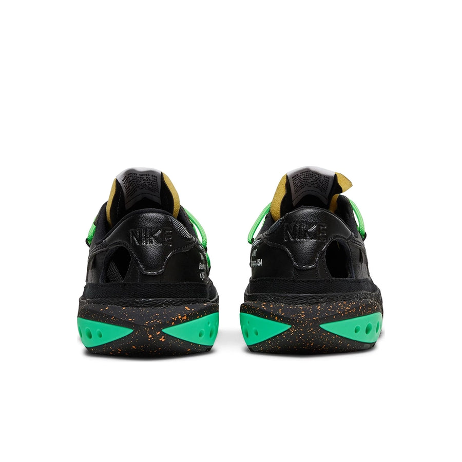 Heel of the Nike Blazer Low Off-White Black Electro Green sneaker in black