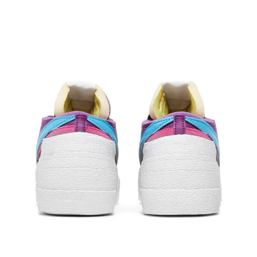 Heel of the Nike Blazer Low Sacai KAWS Purple Dusk skateboard shoe in purple and white