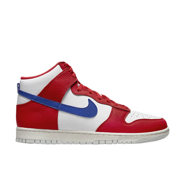 Side of the Nike dunk high basketball shoes in red white blue 4th of july colour