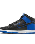 Side of the Nike dunk high basketball shoes in a black blue camo colour