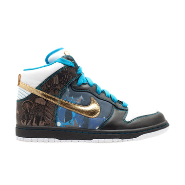Side of Nike Dunk High Dubai in black, turquoise and gold.