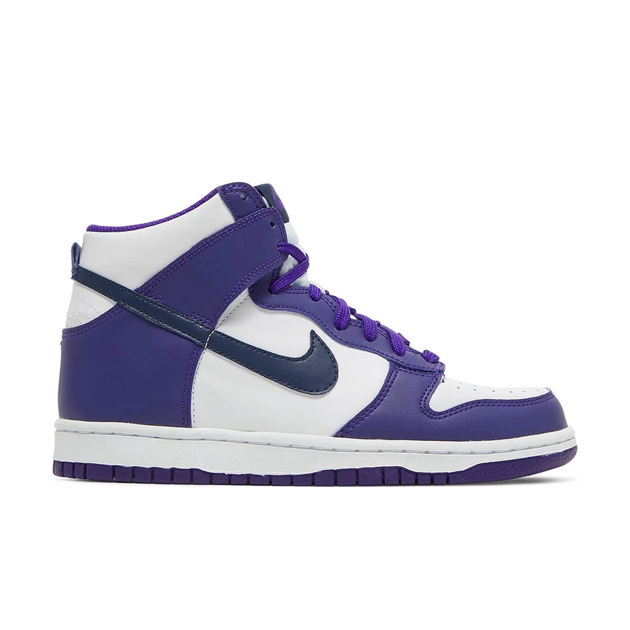 Side of the Older Kids / Grade School Nike dunk high basketball shoes in electro purple midnight navy