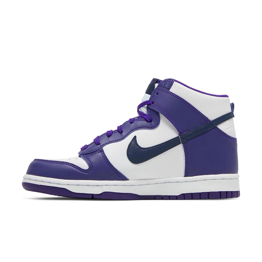 Side of the Older Kids / Grade School Nike dunk high basketball shoes in electro purple midnight navy