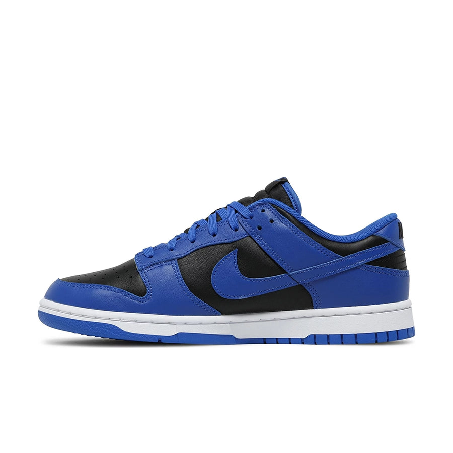 Side of the Nike dunk low in a black hyper cobalt colour