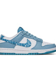 Side of the womens Nike dunk low in a white blue "blue paisley" colour