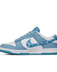 Side of the womens Nike dunk low in a white blue "blue paisley" colour