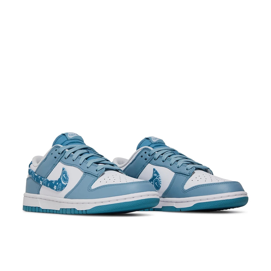 A pair of the womens Nike dunk low in a white blue "blue paisley" colour