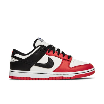 Side of the Nike dunk low basketball shoes in a red black white chicago colour