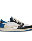 Side of the Nike Dunk Low Fragment x Travis Scott exclusive sneakers in white. black and blue