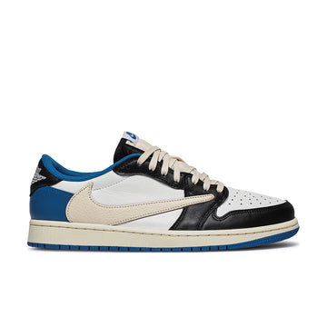 Side of the Nike Dunk Low Fragment x Travis Scott exclusive sneakers in white. black and blue
