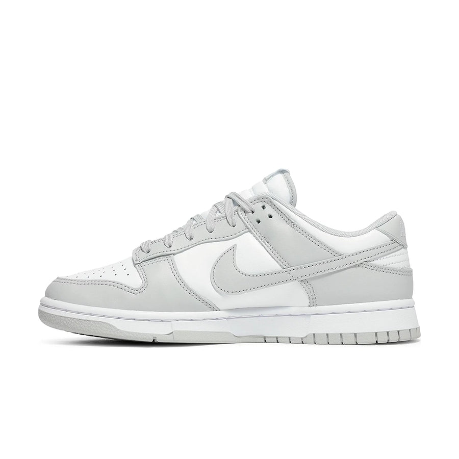 Side of the Nike dunk low in a grey white "grey fog" colour
