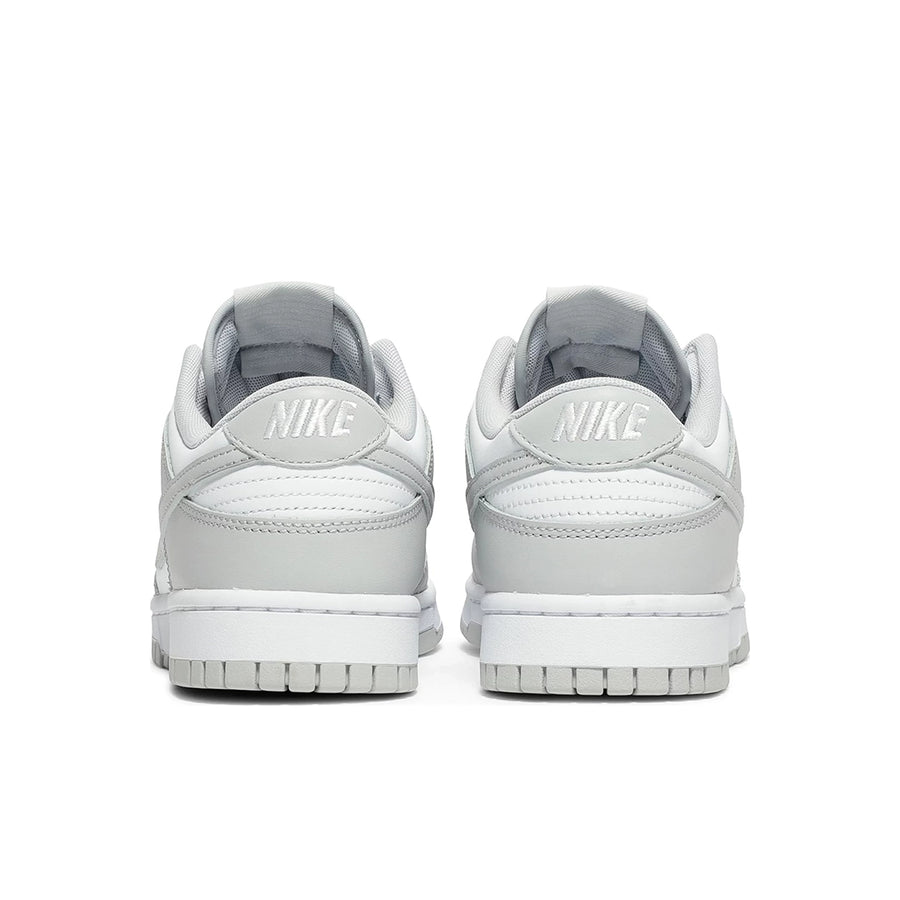 Heel of the Nike dunk low in a grey white "grey fog" colour