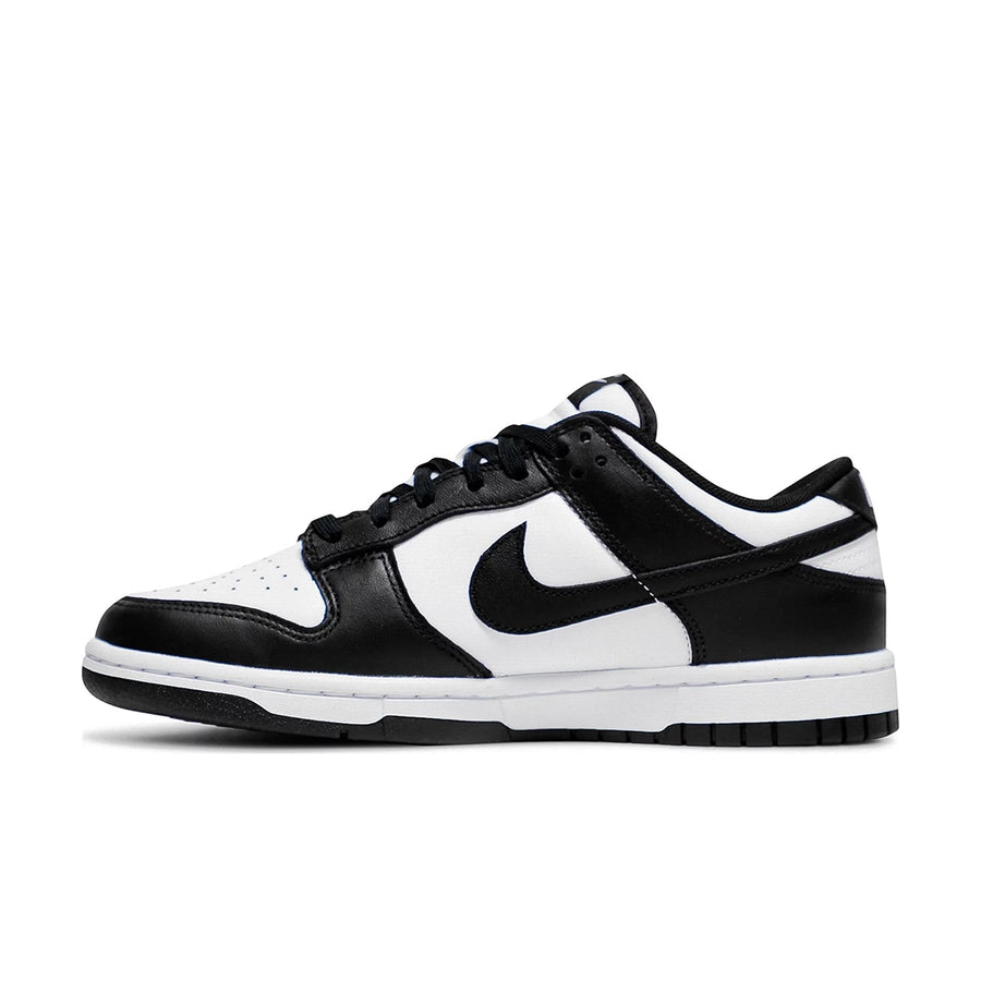 Side of the Nike  dunk low in a black white "Panda" colour