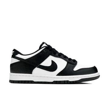 Side of the youth version of the Nike dunk low in a black white "Panda" colour