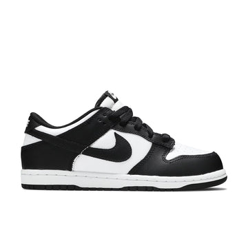 Side of the childrens version of the Nike dunk low in a black white "Panda" colour