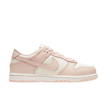 Side of the childrens version of the Nike dunk low in a pink white orange pearl colour