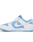 Side of the Nike Dunk Low Reverse UNC womens sneakers in white and blue