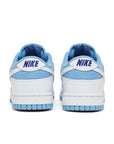 Heel of the Nike Dunk Low Reverse UNC womens sneakers in white and blue