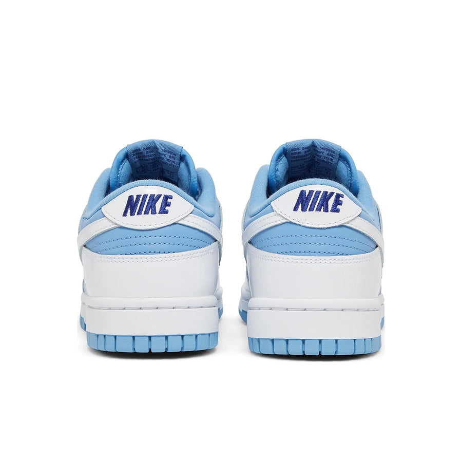 Heel of the Nike Dunk Low Reverse UNC womens sneakers in white and blue