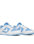 A pair of Nike Dunk Low Reverse UNC womens sneakers in white and blue