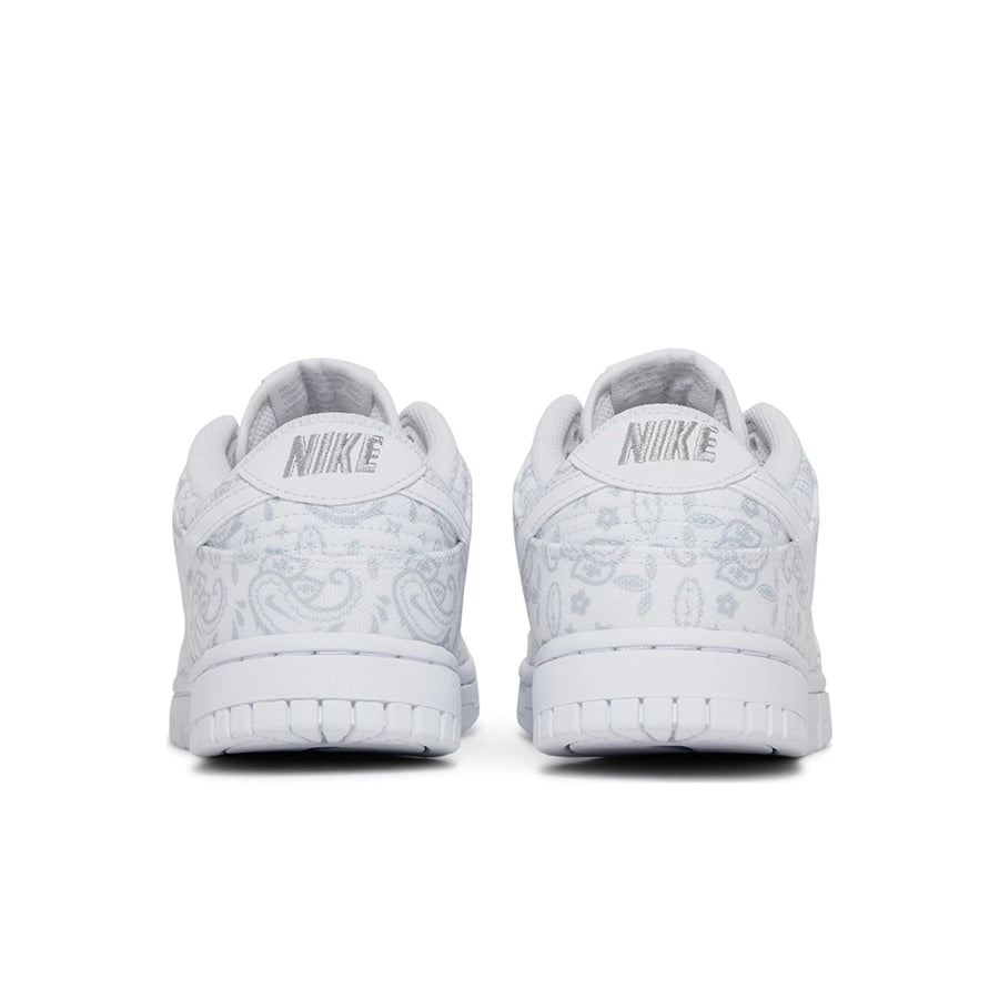 Heel of the Nike Dunk Low White Paisley womens sneakers in white and grey paisley