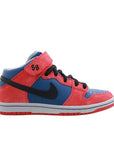 Side of the Nike sb dunk mid basketball shoes in a red blue spider man colour
