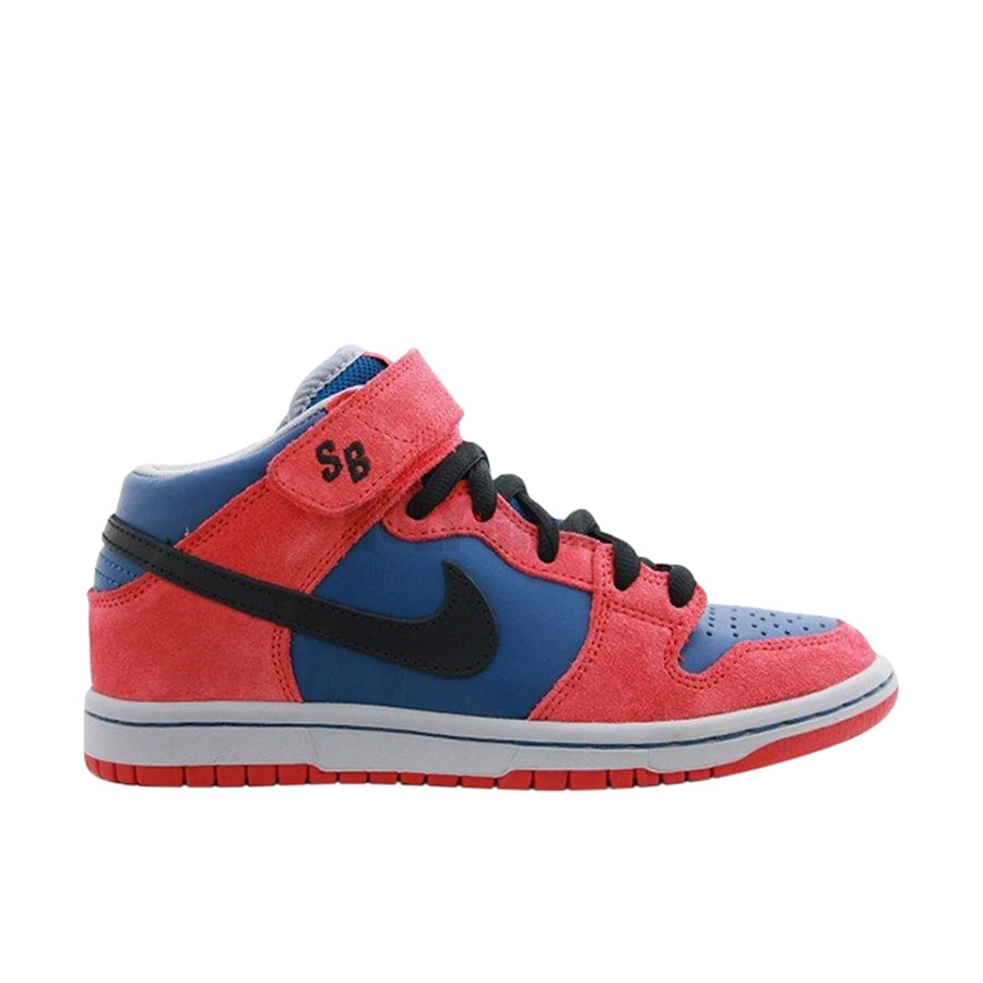 Side of the Nike sb dunk mid basketball shoes in a red blue spider man colour