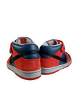 Heel of the Nike sb dunk mid basketball shoes in a red blue spider man colour