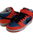 A pair Heel of the Nike sb dunk mid skatingl shoes in a red blue spider man colour