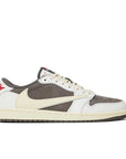 Side of the Nike Air Jordan 1 Low OG SP Travis Scott Reverse Mocha exclusive sneakers in white, mocha and brown