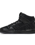 Side of the Faust Nike sb dunk high basketball shoes in a black gold grafitti colour