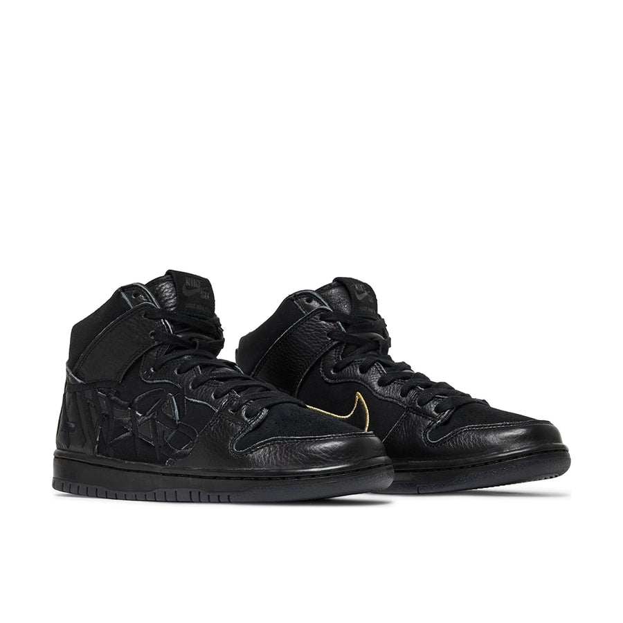 A pair of the Faust Nike sb dunk high skating shoes in a black gold grafitti colour