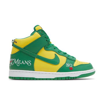 Side of the Nike sb dunk high supreme basketball shoes in yellow green brazil colour