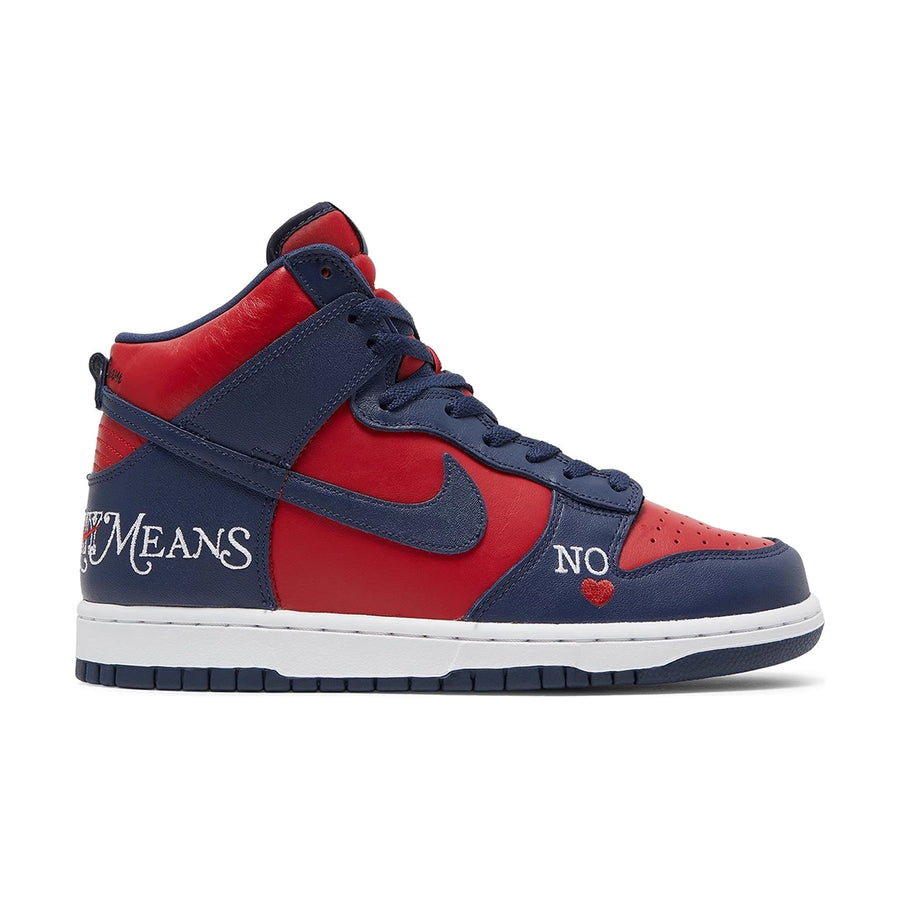 Side of the Nike sb dunk high supreme basketball shoes in red navy colour