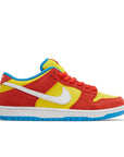 Side of the Nike sb dunk low skating shoes in a red and yellow Bart Simpson colour