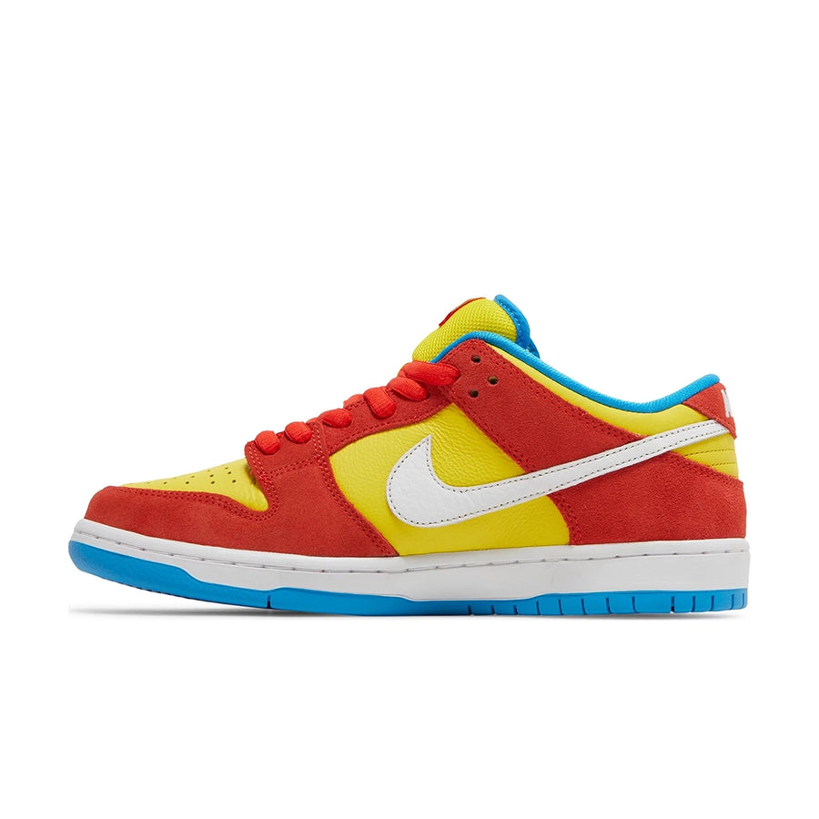 Side of the Nike sb dunk low skating shoes in a red and yellow Bart Simpson  colour