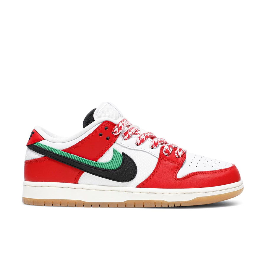 Side of the Nike sb dunk low Frame Skate skating shoes in a red, yellow, and green Habibi colour