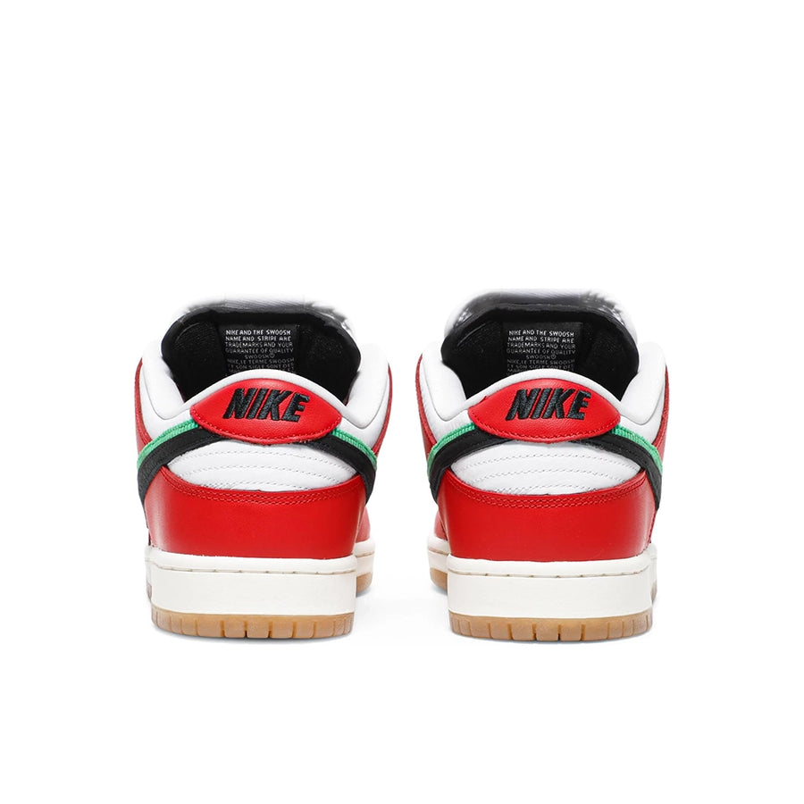 Heel of the Nike sb dunk low Frame Skate skating shoes in a red, yellow, and green Habibi colour