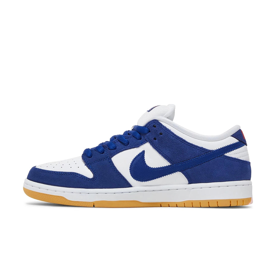 Side of the Nike sb dunk low los angeles dodgers skating shoes in white and blue
