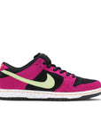 Side of the Nike sb dunk low acg skating shoes in a black and magenta colour