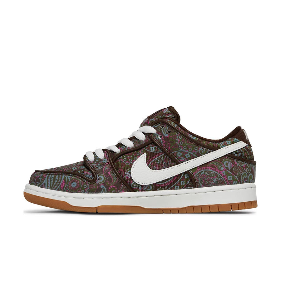 Side of the Nike sb dunk low pro skating shoes in paisley brown