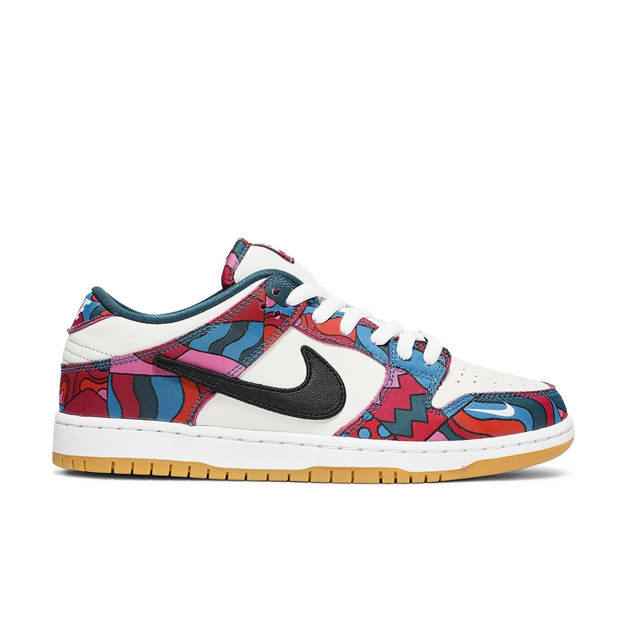 Side of the Nike sb dunk low pro parra abstract art skating shoes in a pop art and Olympics inspired design
