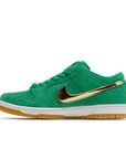 Side of the Nike sb dunk low skating shoes in a green St Patricks Day colour