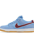 Side of the Nike SB Dunk Low Valour Blue Team Maroon skating shoes in blue and burgundy